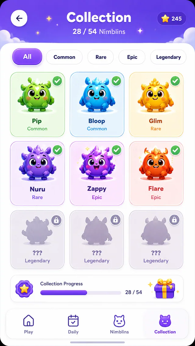 Nimblins collection screen with unlocked cosmetic characters