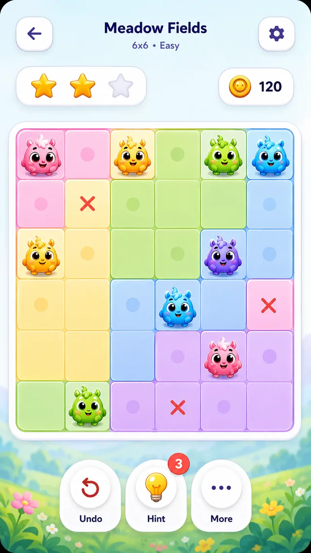 Nimblins Classic puzzle board with colored regions and placement controls