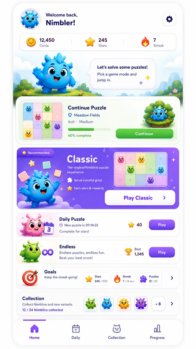 Nimblins home screen with Classic, Daily, Endless, Goals, and Collection entries